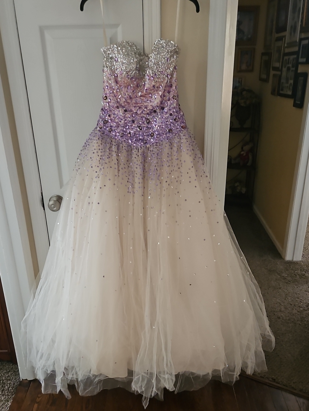 Strapless Lavender and Ivory Beaded Ball Gown Dress